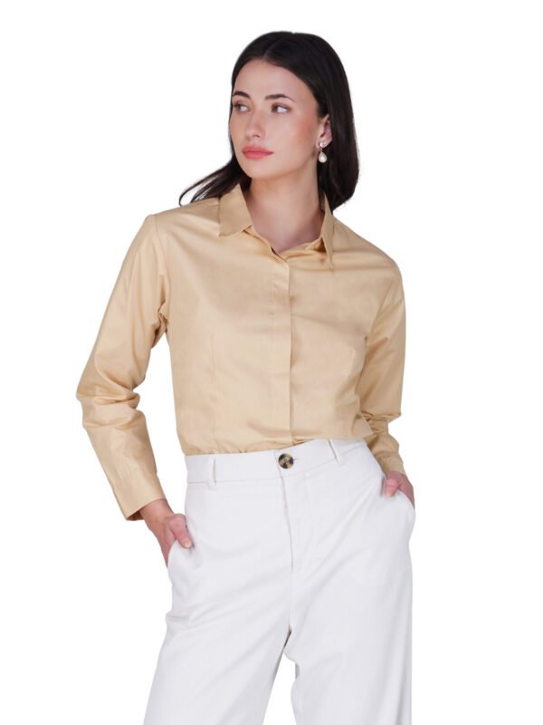 Women's Beige Formal Shirt with Full Sleeves and Button Down Design.